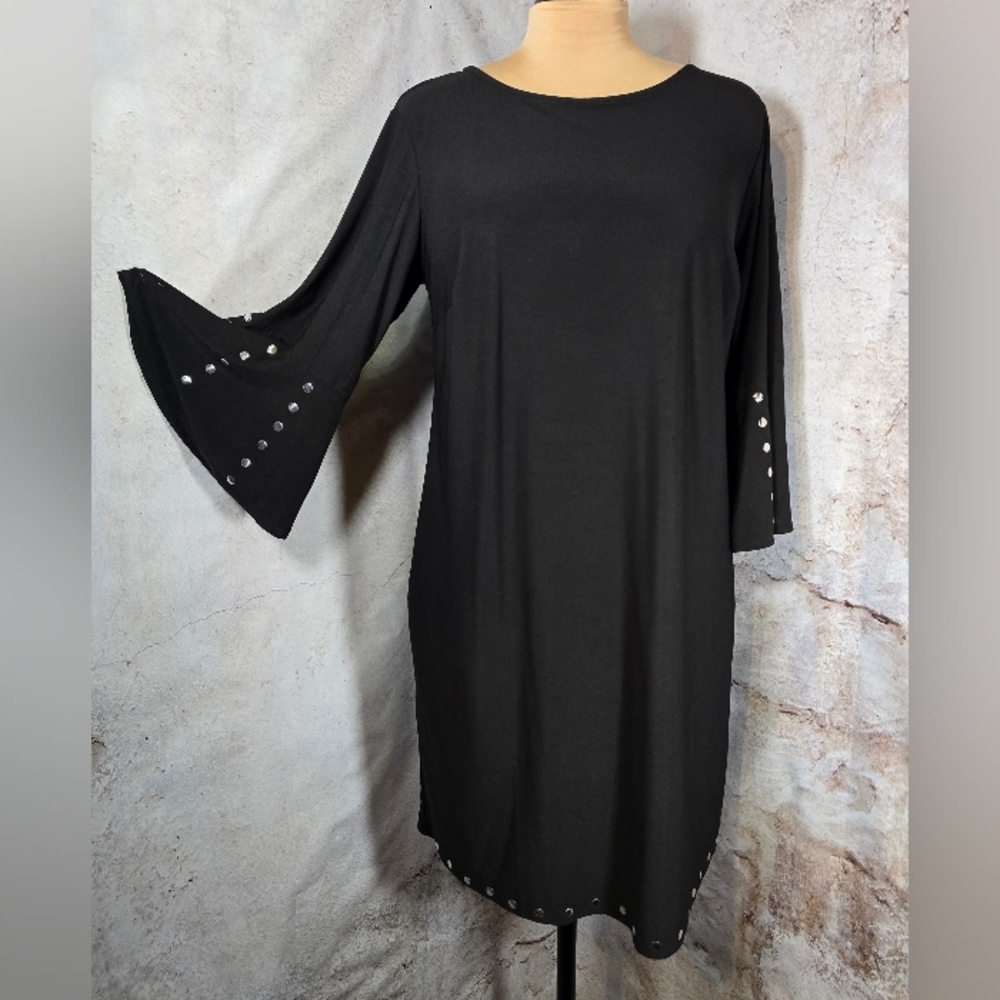 14/16 1X NWT Black Stretch Knit Dress with Silver Nailhead Accents Bell Sleeve